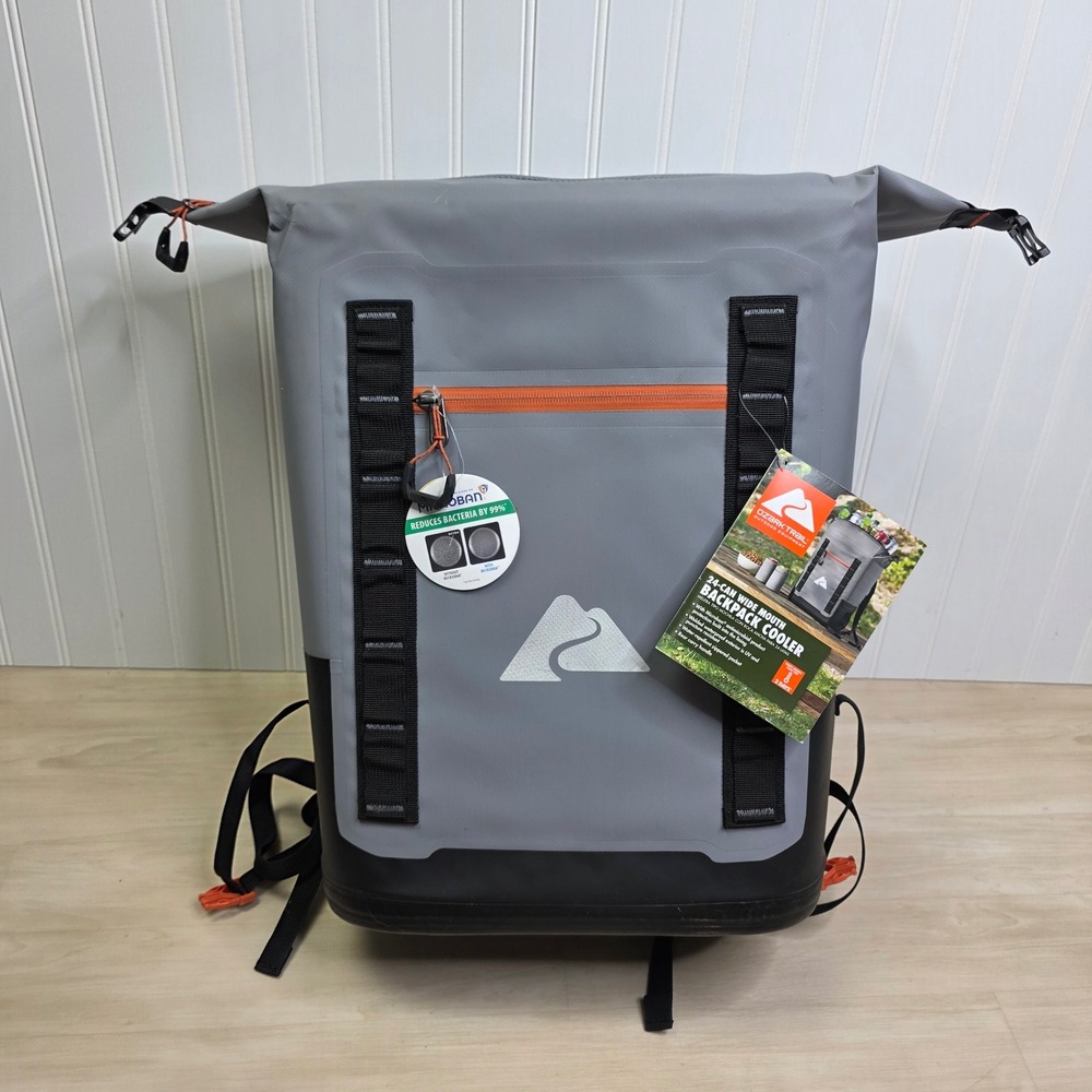Ozark Trail 24-Can Wide Mouth Backpack Cooler Grey Black Orange Waterproof NEW